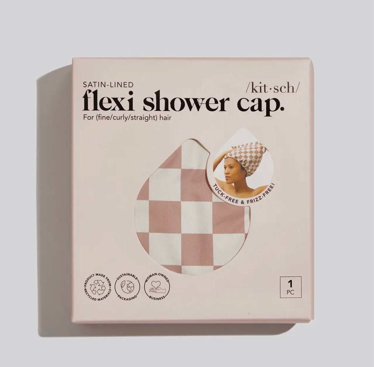 Satin Lined Flexi Shower Cap - Terracotta Checker