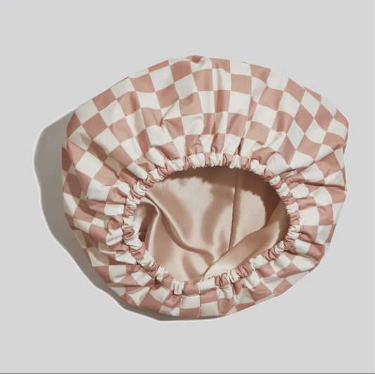 Satin Lined Flexi Shower Cap - Terracotta Checker